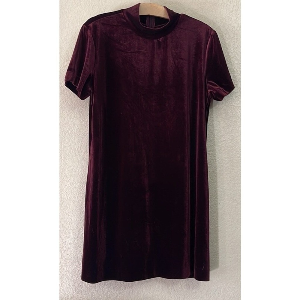 NY&Co Burgundy Velvet Mock Neck Short Sleeve Mini Dress Large Career Party MINT